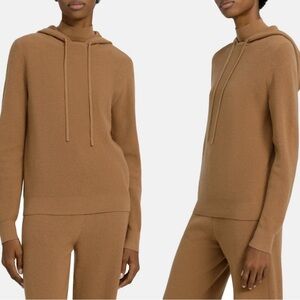 Theory Ribbed Mockneck Turtleneck Hoodie Sweater Cashmere Wool Blend Camel Knit